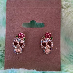 Sugar Skull Gold Tone Iridescent Stones
